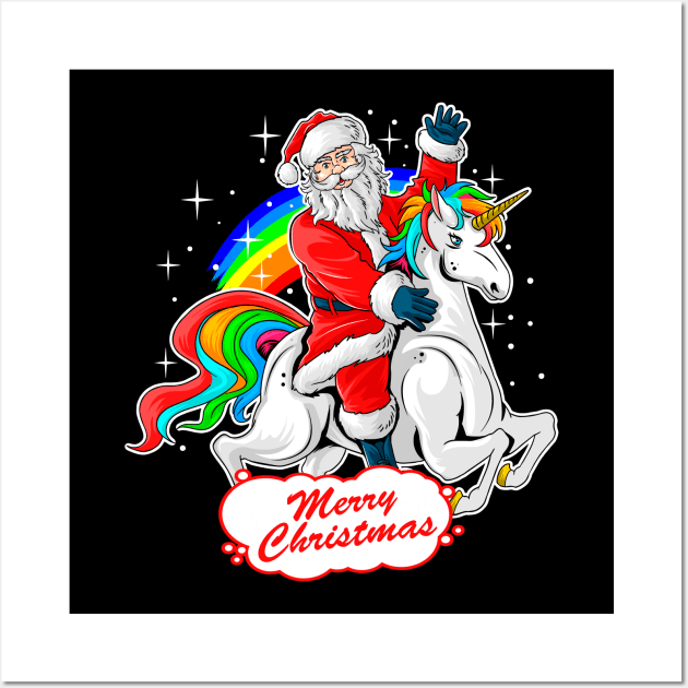 Christmas Santa Riding Unicorn, Cute Xmas Rainbow Lover Gift Wall Art by Printofi.com